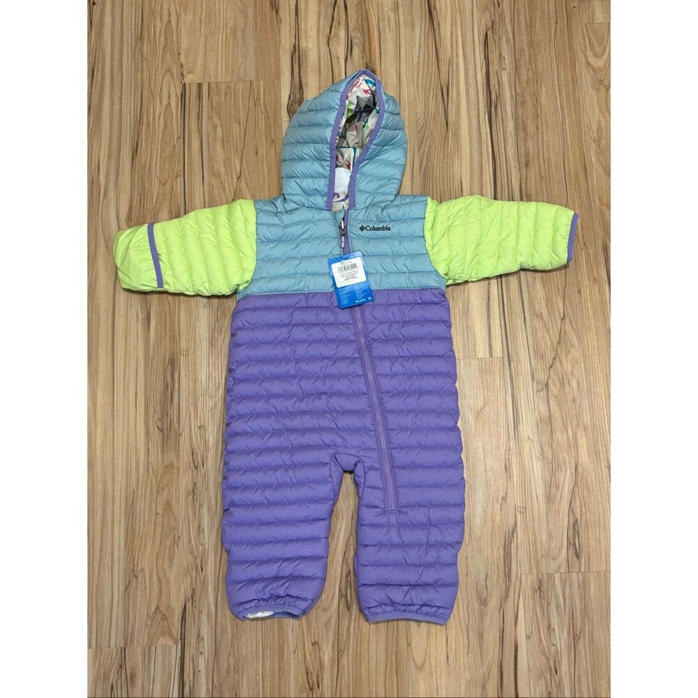 Columbia Kids One-Piece Snowsuit in Purple, Light Blue, Neon Yellow